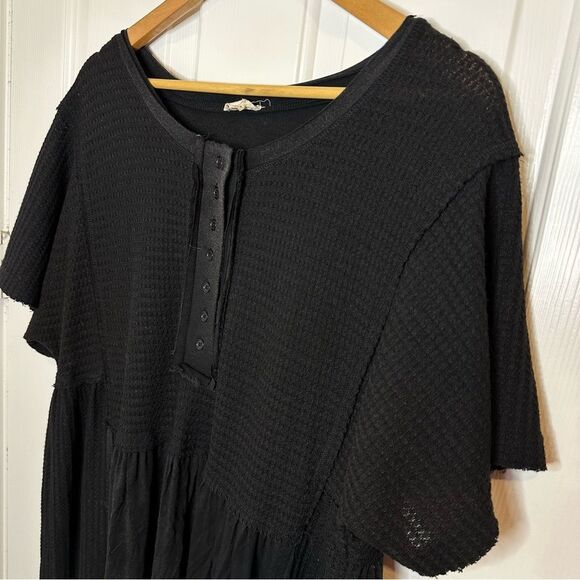 POL Black Waffle Knit Mixed Media Short Sleeve Oversized Dress Sz M Western Boho - Picture 2 of 9